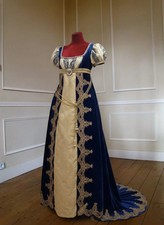 Regency Empire Waist Gown Blue Velvet Lace Historical Reenactment Costume Dress