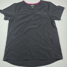 Scrubstar Scrub Top Womens Medium Black Short Sleeve V-Neck Medical Zip Pocket