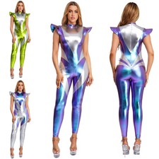 Womens Alien Astronaut Cosplay Costume Metallic Jumpsuit for Spaced Themed Party