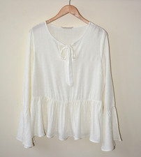 EX TU CREAM+DOBBY DOTS SELF TIE NECK LONG BELL CUFF SLEEVE TOP/BLOUSE SIZE 12-18