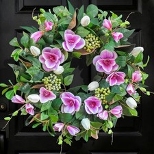 24-Inch Artificial Magnolia Wreath with Eucalyptus for Spring Home Decor