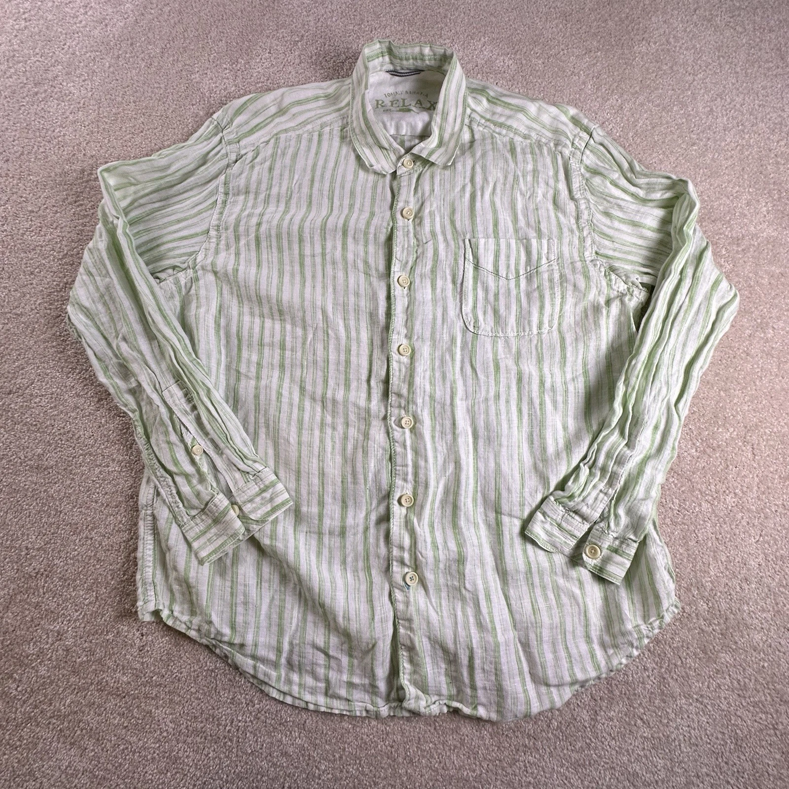 Tommy Bahama Shirt Mens L Green Linen Stripes Relax Office Casual Vacay STAIN