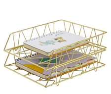 Desktop File Organizer Metal Stackable Letter Tray Holder Rack, 2 Pack, Gold