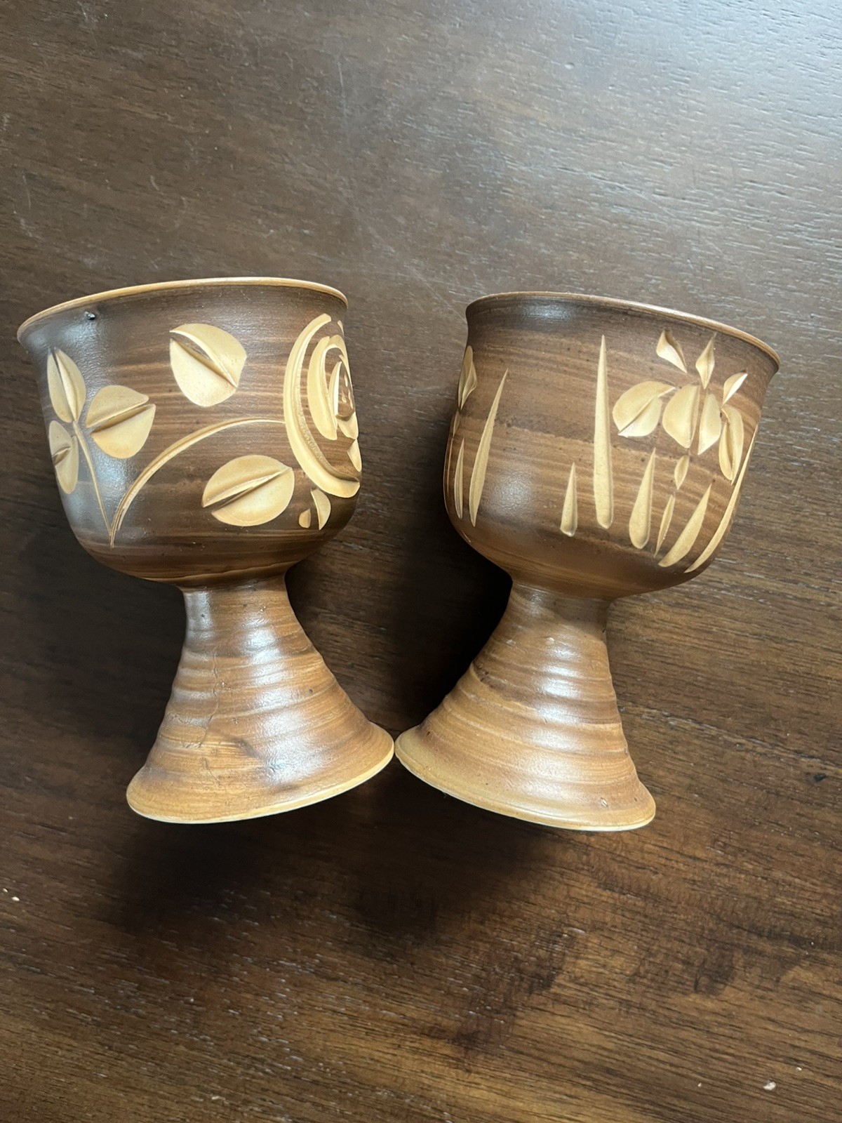 Studio Art Pottery Goblet Wine Chalice Earth Tone Stoneware Cups Brown Rosette 2