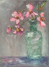 Original Impasto Oil Painting, Pink Flowers in Glass Vase, Textured Floral Art