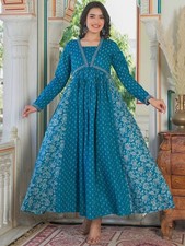 Indian Women Turquoise Blue Cotton Ethnic Motifs Print Anarkali Kurta Long Dress