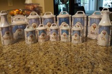 Antique German White Block Lusterware Canister Spice Set 26pc JBS Pearl Floral