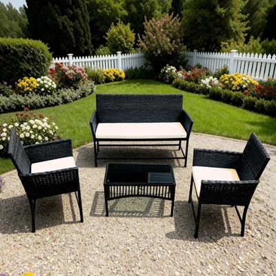 SIGNZWORLD 4-Piece Garden Sofa Set, Table & Chairs, Wicker Outdoor Rattan Patio Furniture