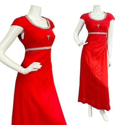 VINTAGE 60ER 70ER JAHRE HELLROT SILBER STRASS MOD FLÜGELÄRMEL EMPRIE MAXIKLEID 10