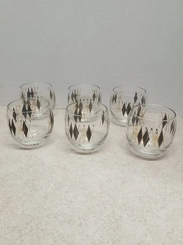 VNTG 6 Rare Mid Century Modern Federal Glass Roly Poly Harlequin Set Diamond
