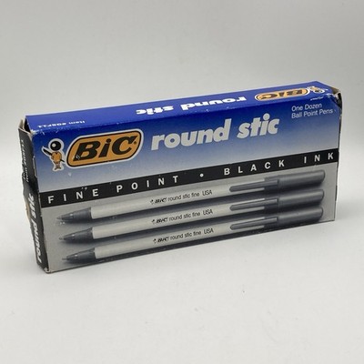 Vintage 1990's BIC Round Stic Ballpoint Pens Black Fine 12 Count New Sealed Box