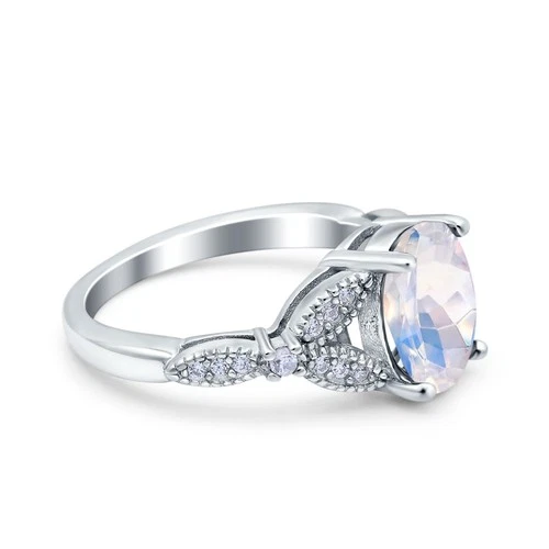 Oval Natural Moonstone Leaf Design Beaded Engagement Ring 925 Sterling Silver