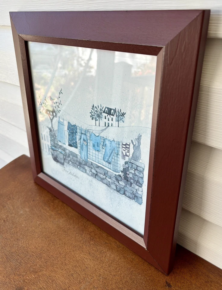 Cottagecore Folk Art Clothesline Scene Signed Watercolor Print Framed C. Wilsker - Image 2 of 4