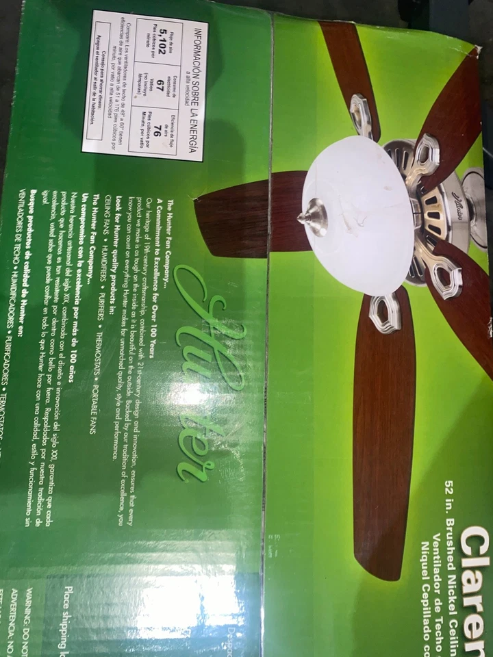 Hunter Claremont Modelo # 21832 52" Ventilador de Techo Kit de Luz de Vidrio - Níquel Cepillado Foto 3 de 4