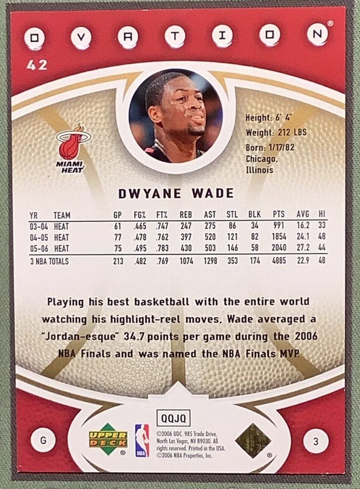 2006-07 Upper Deck Ovation GOLD Basketball #42 Dwyane Wade /99 Miami Heat  - Image 2 of 3