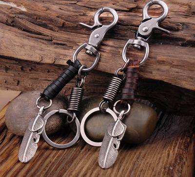 NC70 Brown Mens Biker Cool Feather Pendant Leather Key Ring