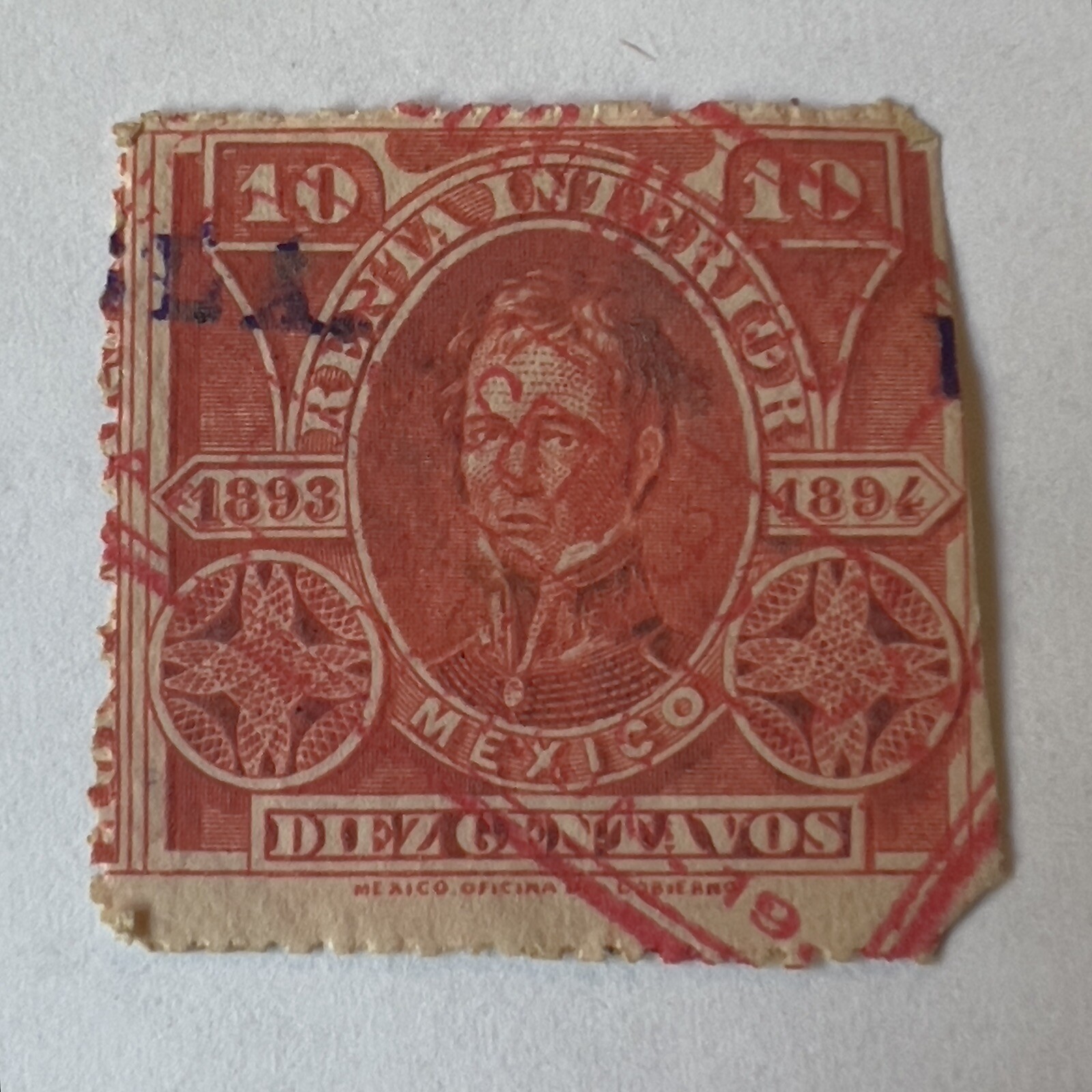 1893 1894 MEXICO INTERNAL INCOME REVENUE 10C STAMP WITH RED RECTANGLE CANCEL