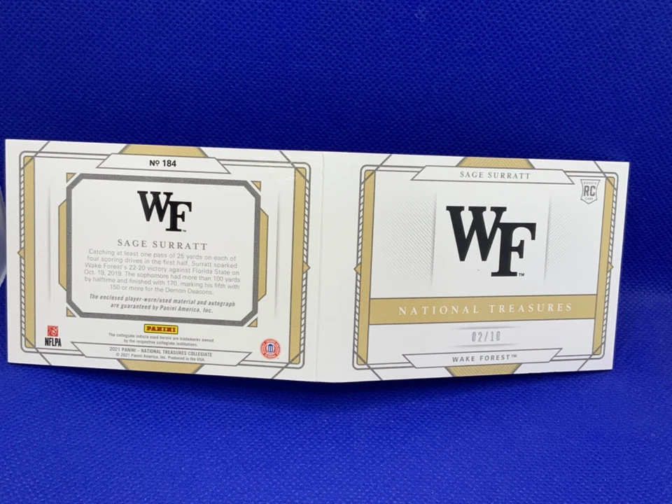 2021 Panini National Treasures Sage Surratt 2 CLR Patch RC Auto Booklet /10 - Image 2 of 4