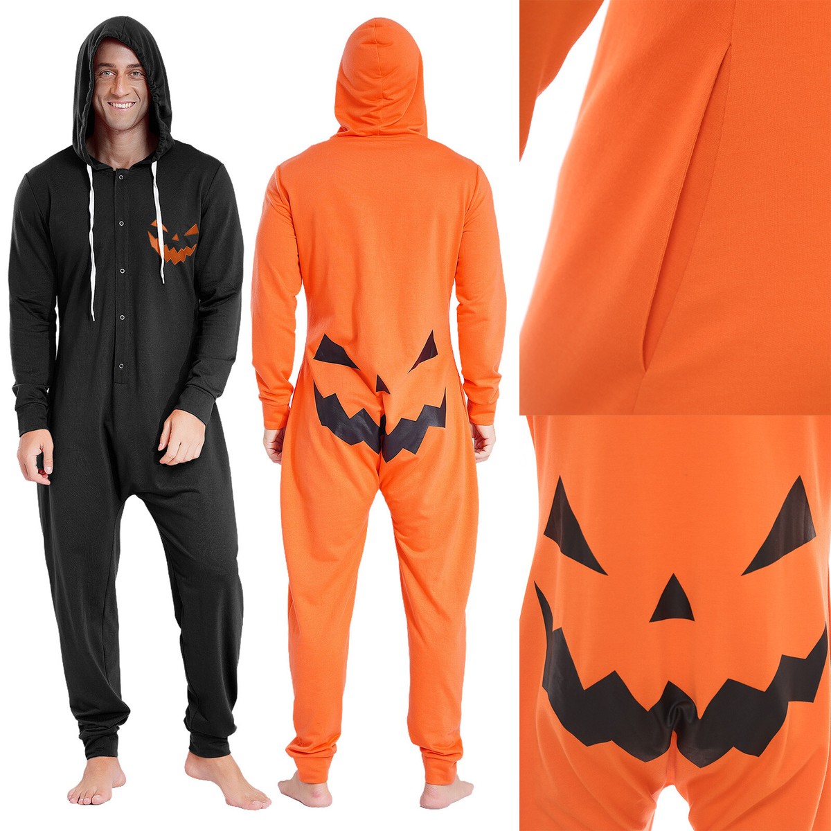 Men Rompers Performance Bodysuit Costume Jumpsuits Hooded Pumpkin
