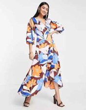 VIBRANT FLORAL WRAP FRILL MIDI DRESS 14 NEW NO TAGS RRP £72