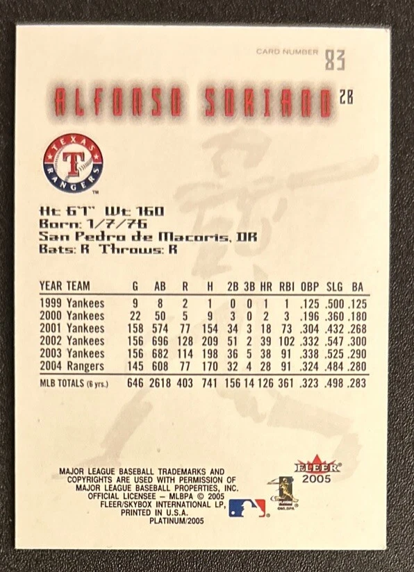 2005 Fleer Platinum Alfonso Soriano Baseball Card #83 Rangers OF EX - Image 2 of 2