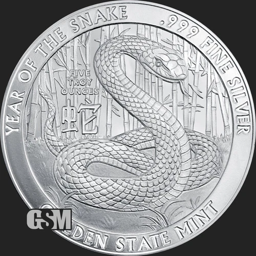5 oz 2025 - Year of the Snake - 5 oz .999 FINE SILVER BU ROUND - IN STOCK!!