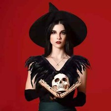 Black Green Feather Hand made Collar Cape Shawls Wrap for Halloween Xmas Dress