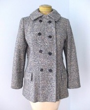 Vtg 60s blue speckle tweedy wool grid patchwork peacoat coat pockets mid hip S/M