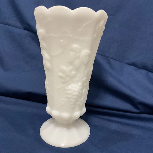 Vtg Pedestal Scalloped Edge Milk Glass Paneled Vase Grapes Motif, 10” Tall