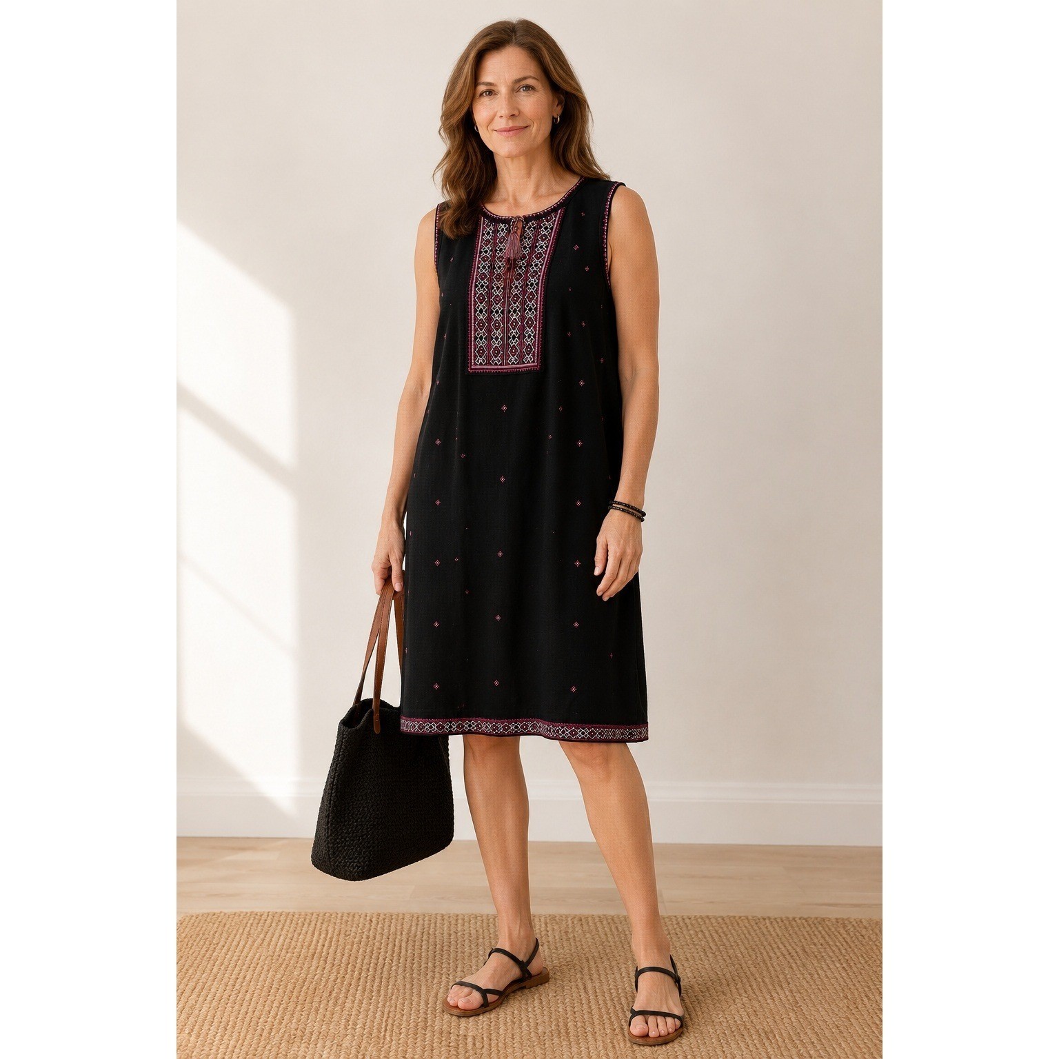 J.Jill Embroidered Sleeveless Knit Dress Women XL Black Tassel Boho Shift