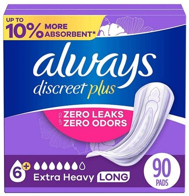 Always Discreet Plus Incontinence Pads, Extra Heavy Absorbency, Long (90 Count)