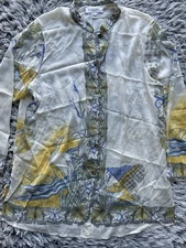 Citron Santa Monica Blouse Womens Large White Silk Top Crane Bird Asian Japanese