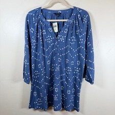 Lucky Brand Henley Blouse Womens Plus 1X Blue Linen Blend Diamond Print Boho NEW
