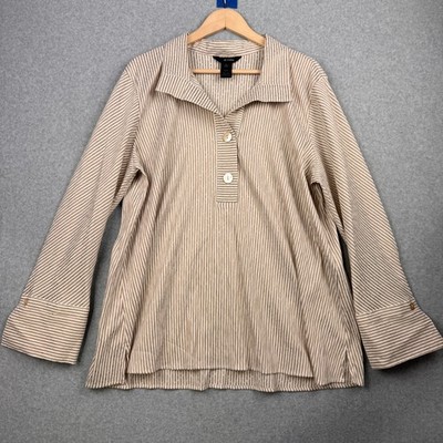 Ali Miles Top Womens XL Beige Striped Dot Long Sleeve Tunic Artsy Boho Lagenlook