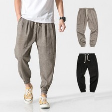 Japanese Mens Solid Color Cotton Linen Pants Elastic Waist Casual Harem Trousers