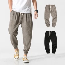 Japanese Mens Solid Color Cotton Linen Pants Elastic Waist Casual Harem Trousers