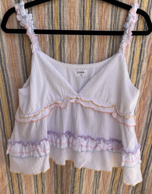 Storia Women's White Ruffle V Neck Woven Cotton Rayon Boho Cami Top Sz M
