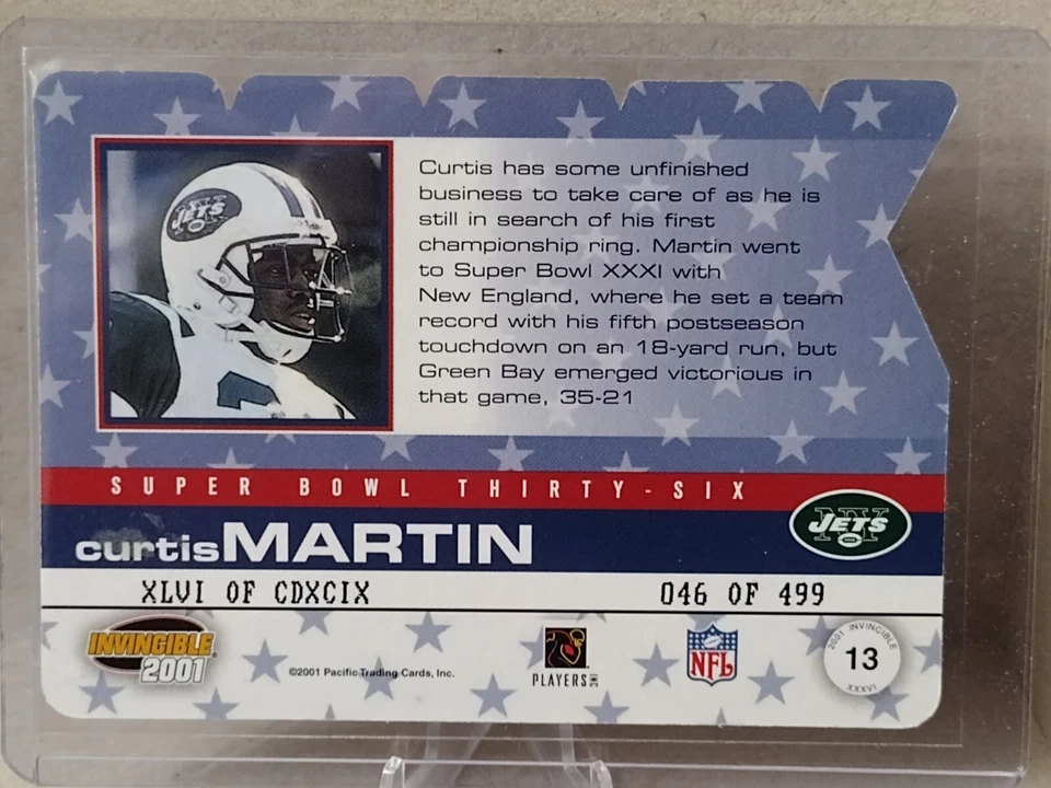 2001 Invincible Curtis Martin Superbowl XXXVI #13 046/499 Insert - Image 2 of 2