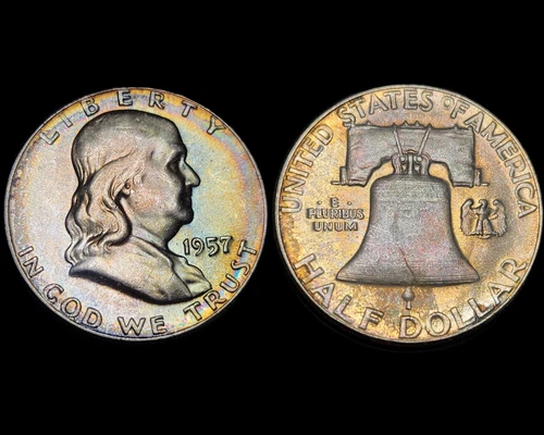 Rainbow Toned 1957 Franklin Half Dollar- ANACS MS65