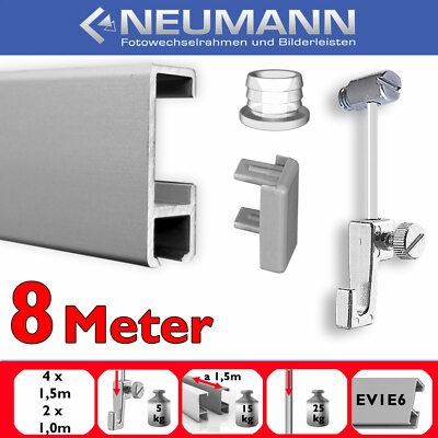 Gallery rail with glider 8 m, picture rail set, silver matte