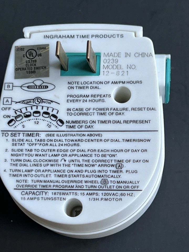 Ingraham Temporizador Día/Noche Ajuste Único 1875 Vatios, 15 Amperios, 120 Voltios M-12-821 Foto 4 de 4