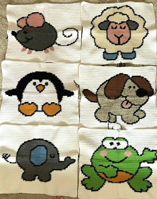 Afghan Blanket Squares 6 Ready to Assemble Mouse Paquin Elephant Sheep Dog Frog