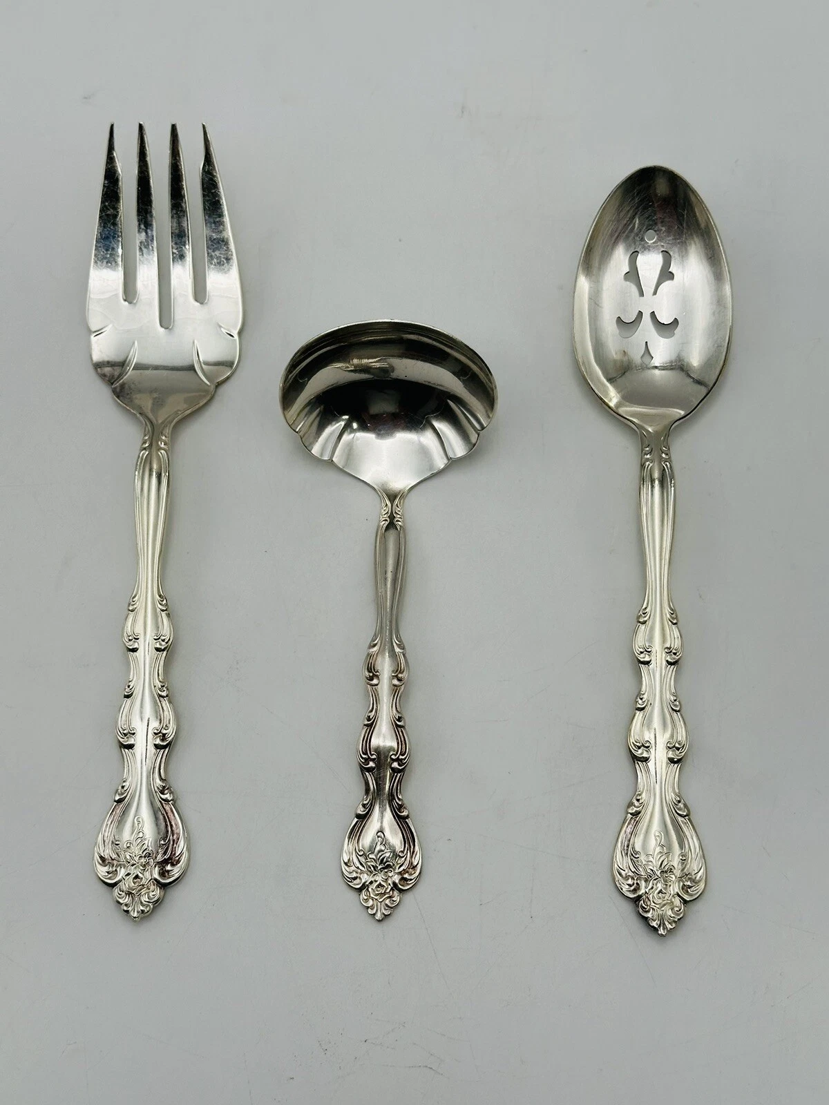VTG International Silverplate Large Ornate Serving Fork, Slotted Spoon & Ladle