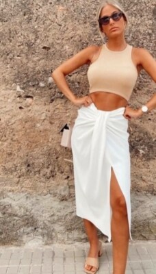 Zara Knotted Satin Moyenne Jupe Montantes Waisted Ecru 7385/573 S Petit Ru 