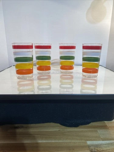 Vintage MCM Set Of 4 Anchor Hocking USA Fiesta Band Drinking Glass 15oz Tumblers