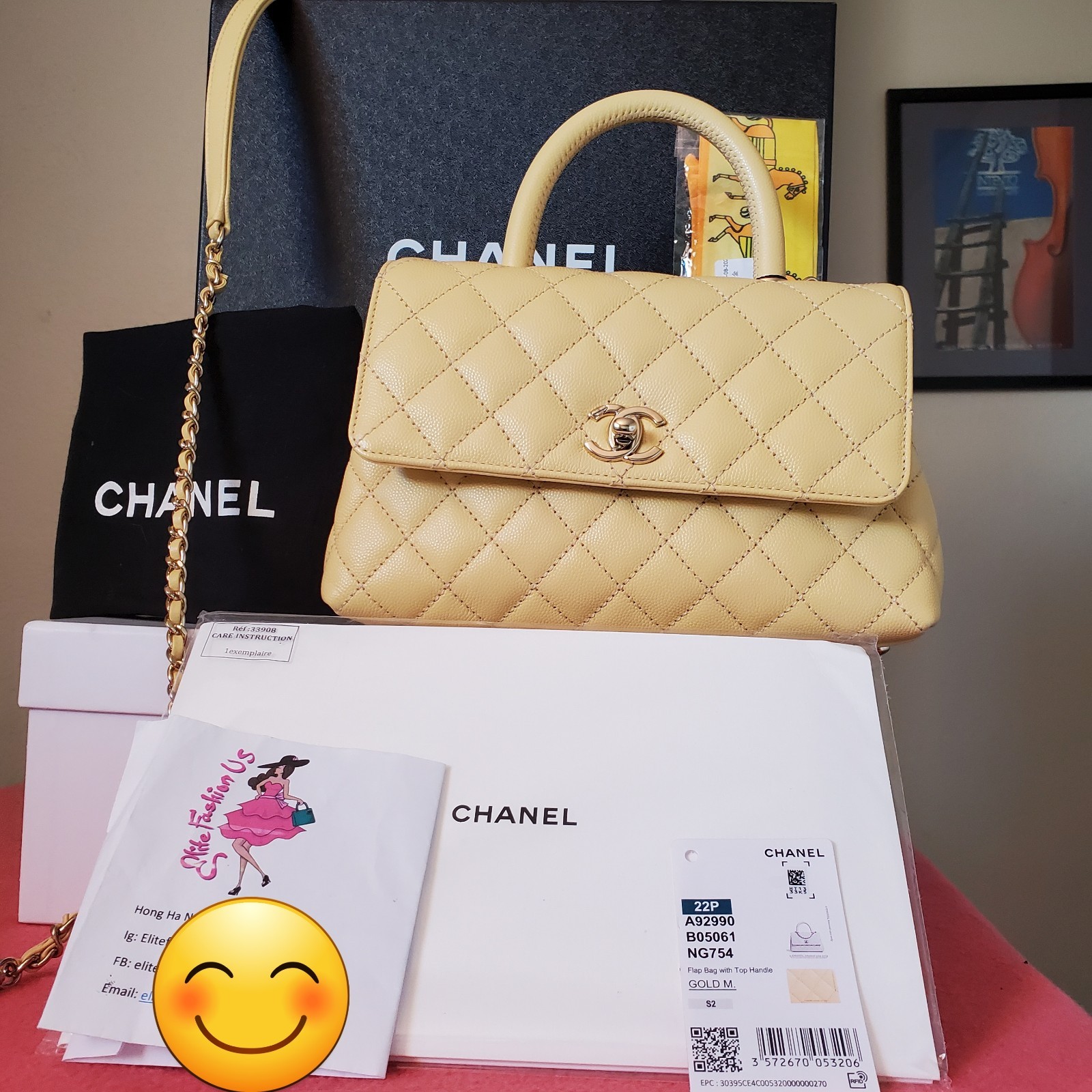 $6700 CHANEL Light Yellow ca.viar small Coco Handle Bag gold HW With Tag