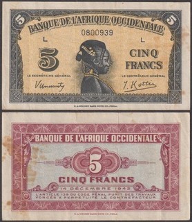 French West Africa 5 Francs 1942 VF P 28