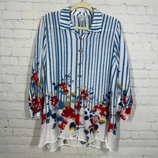 Multiples Button Up Tunic Shirt Size Large Striped Blue White Floral Gauze Top