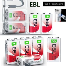 EBL USB-C 9V Li-ion Rechargeable Batteries 5400mWh 9 Volt Lithium Battery Lot