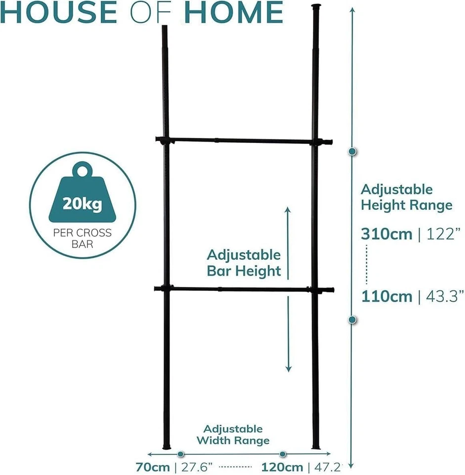 Telescopic Extendable Wardrobe Clothes Rail Black - Image 2 of 4